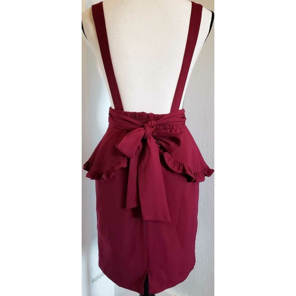 Ank Rouge Suspender Pencil Skirt Peplum Ruffle Burgundy Red - Picture 2 of 3